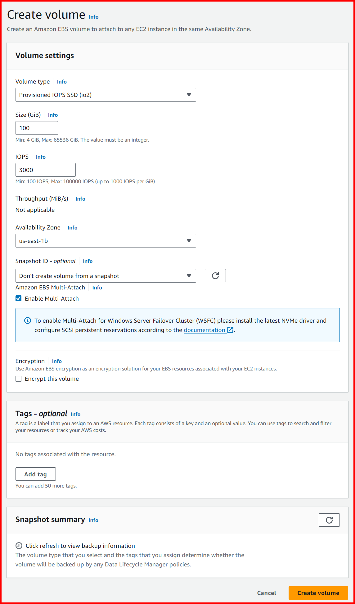Picture showing the screen for creating multi-attached volume in AWS